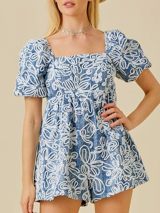 Floral Velvet Denim Romper