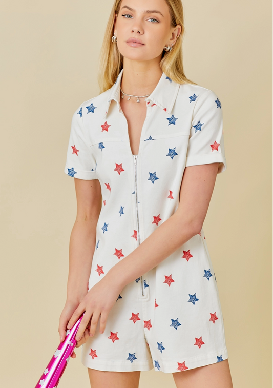 4th of July Star Print White Denim Romper