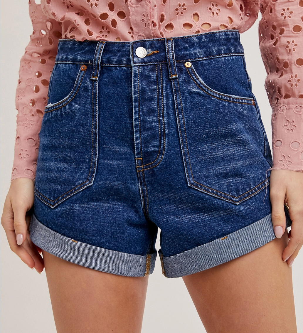 Western Pocket Rolled Hem Denim Shorts