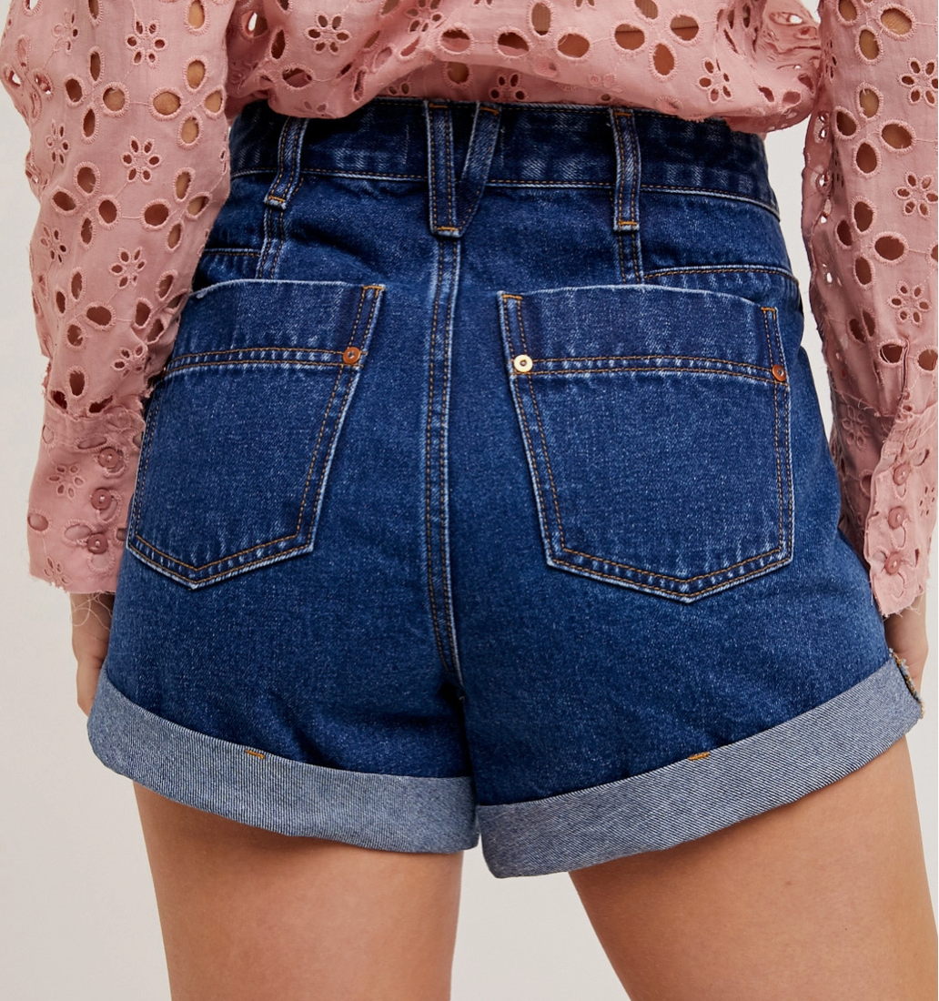 Western Pocket Rolled Hem Denim Shorts