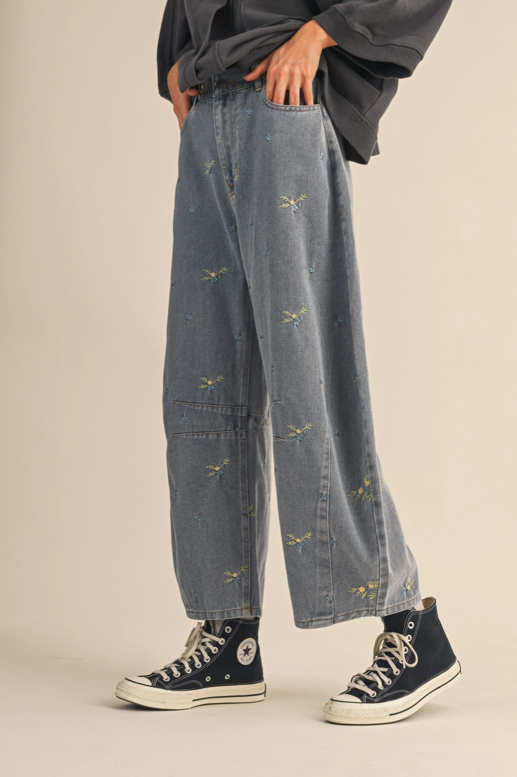Floral Embroidered Barrel Denim Pants