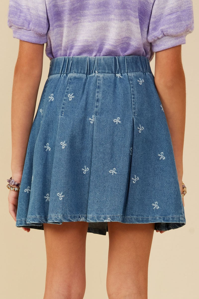 Girls Bow Printed Pleated Denim Skirt