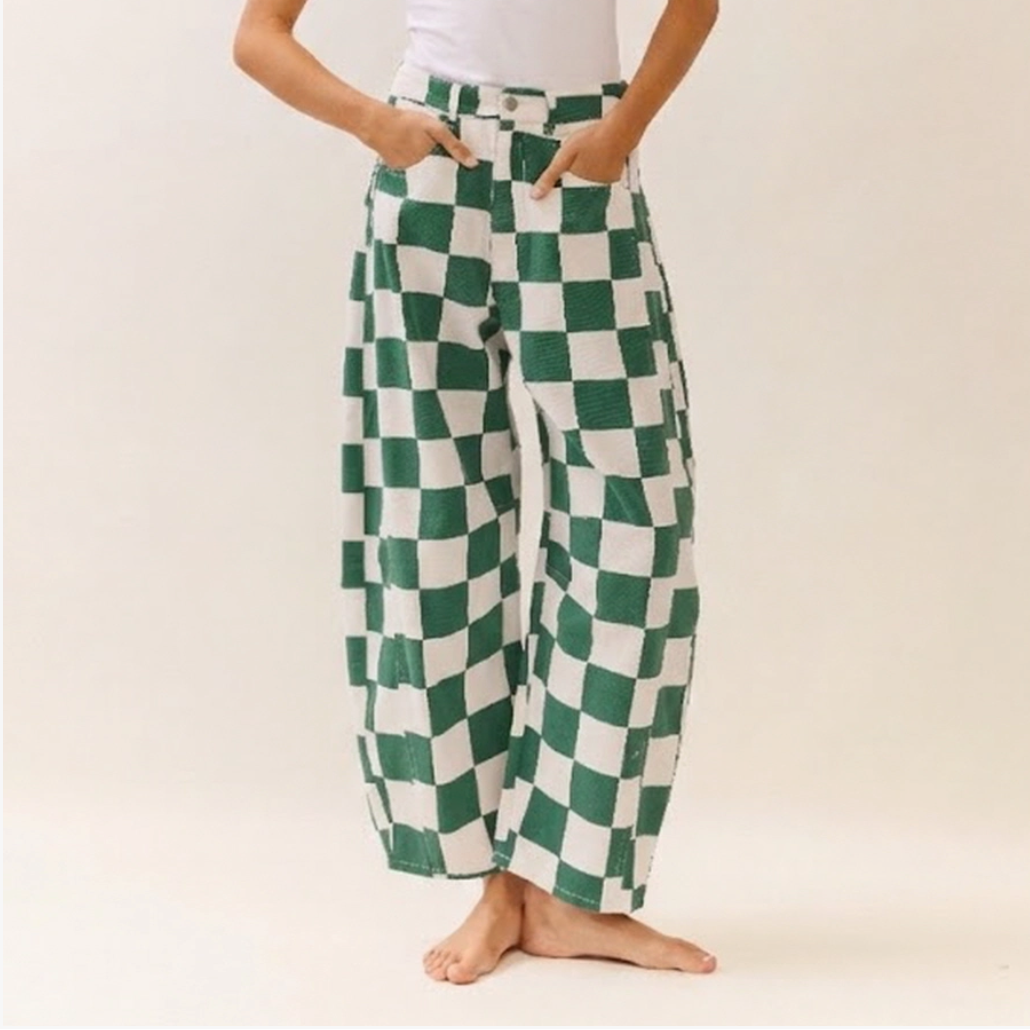Checkered Barrel Denim Pants