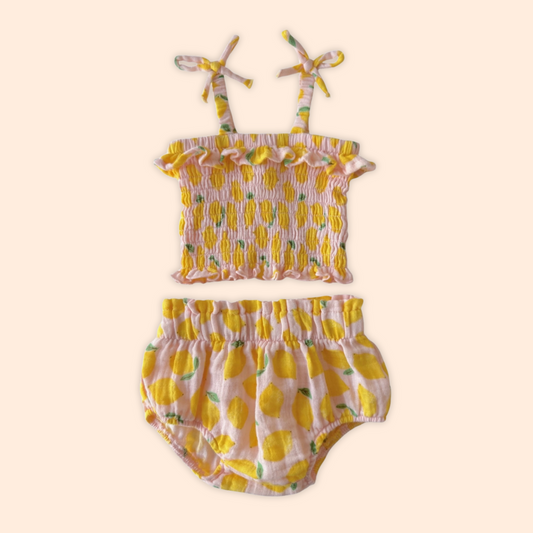Lemon Sorbet / Muslin Smocked Ruffle Top & Bloomer
