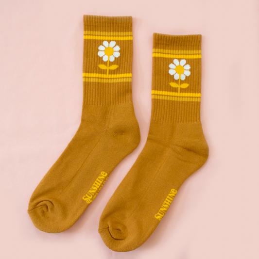 Retro Flower Striped Ribbed Crew Socks