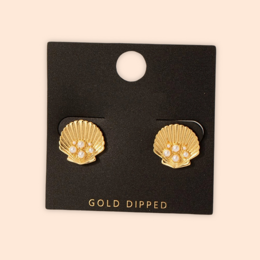 Pearl Studded Clam Shell Stud Earrings