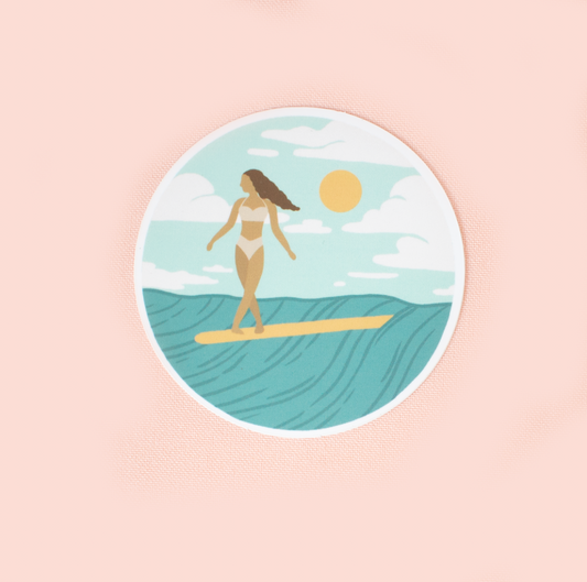 Round Surfer Girl Cross Stepping Sticker