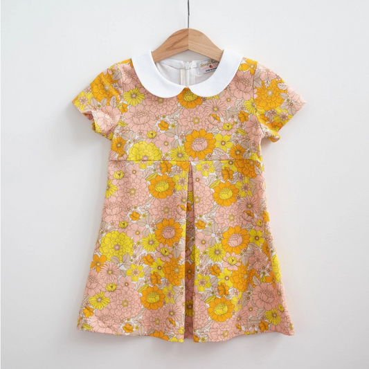 Vintage Marigold Floral Peter Pan Collar Kids Dress