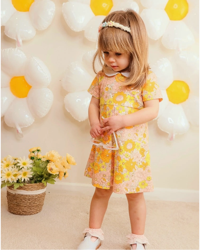 Vintage Marigold Floral Peter Pan Collar Kids Dress