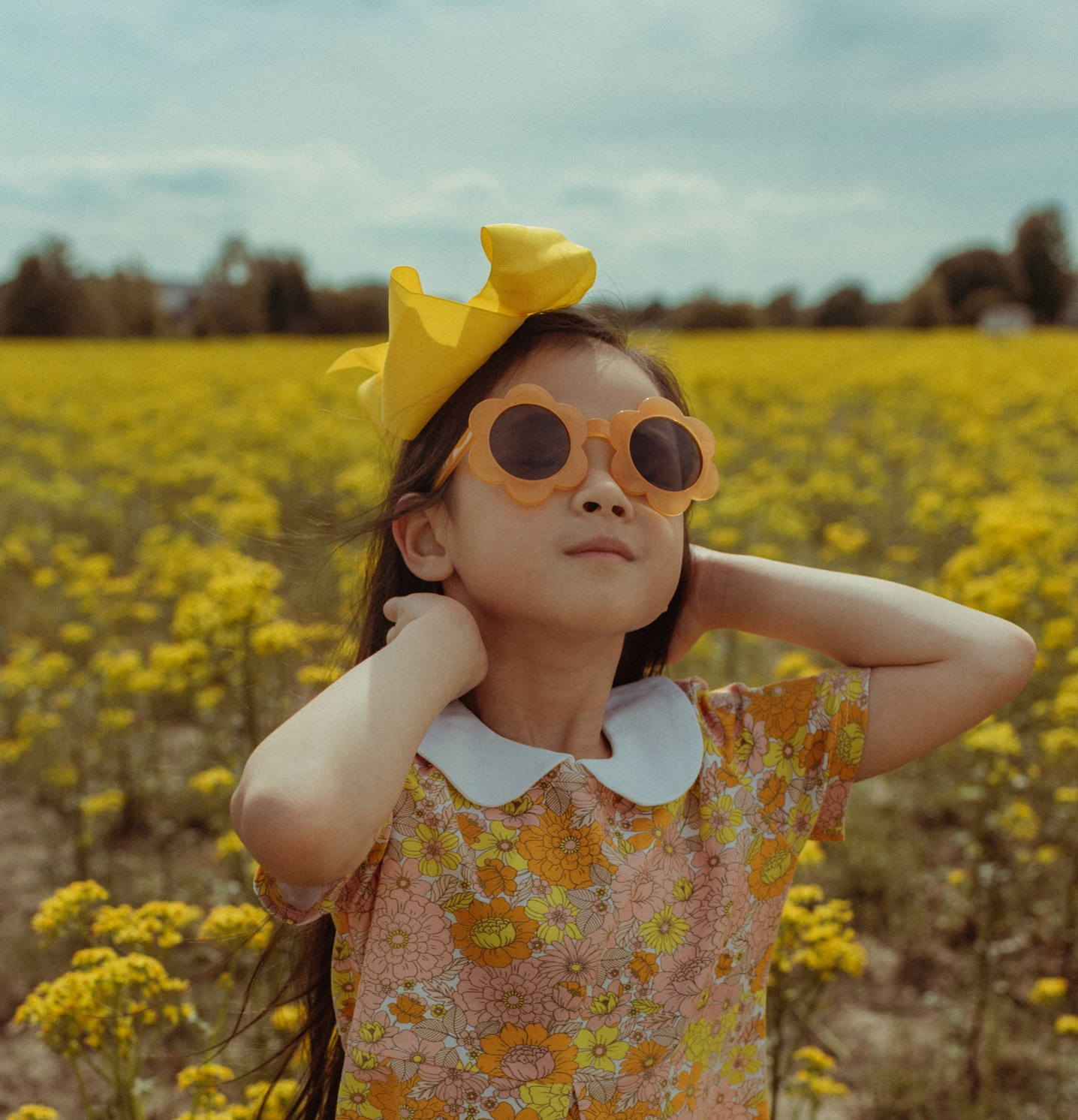 Vintage Marigold Floral Peter Pan Collar Kids Dress