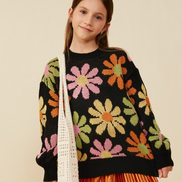 Girls Retro Daisy Knit Pullover Sweater