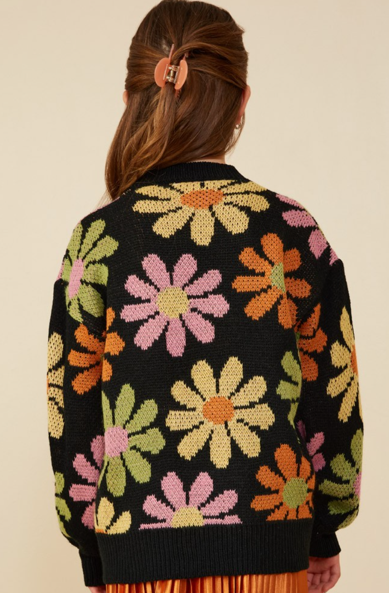 Girls Retro Daisy Knit Pullover Sweater