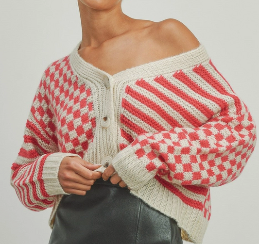 Oversized Checkered Stripe Cardigan