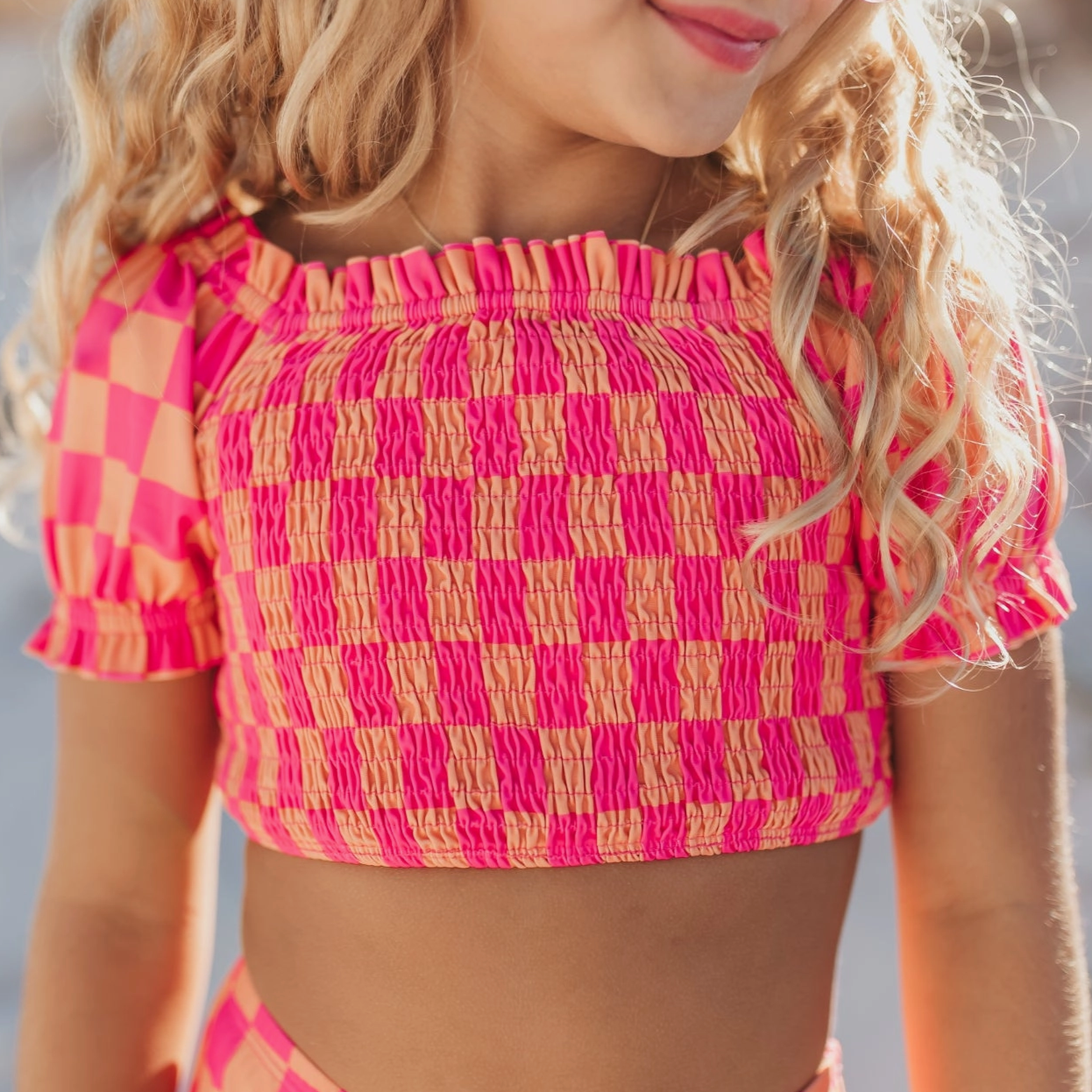 Kids Hot Pink & Tangerine Check Ruched 2 Piece Swimsuit