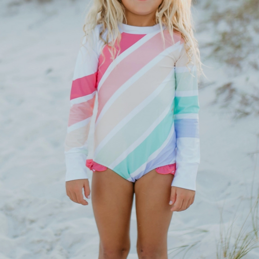 Kids Pastel Rainbow Stripe Zip Rash Guard One Piece Swimsuit