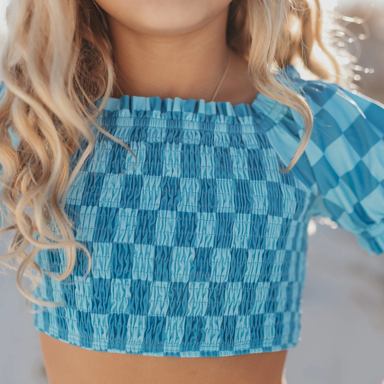 Kids Turquoise & Blue Check Ruched 2 Piece Swimsuit