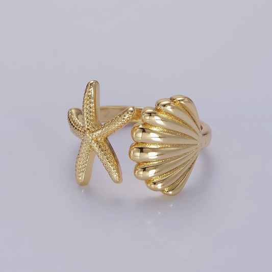The Ariel Gold Clam Shell Star Fish Beach Adjustable Ring