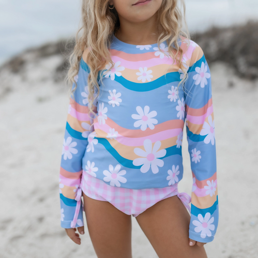 Kids Retro Daisy Long Sleeve Rash Guard Swimsuit