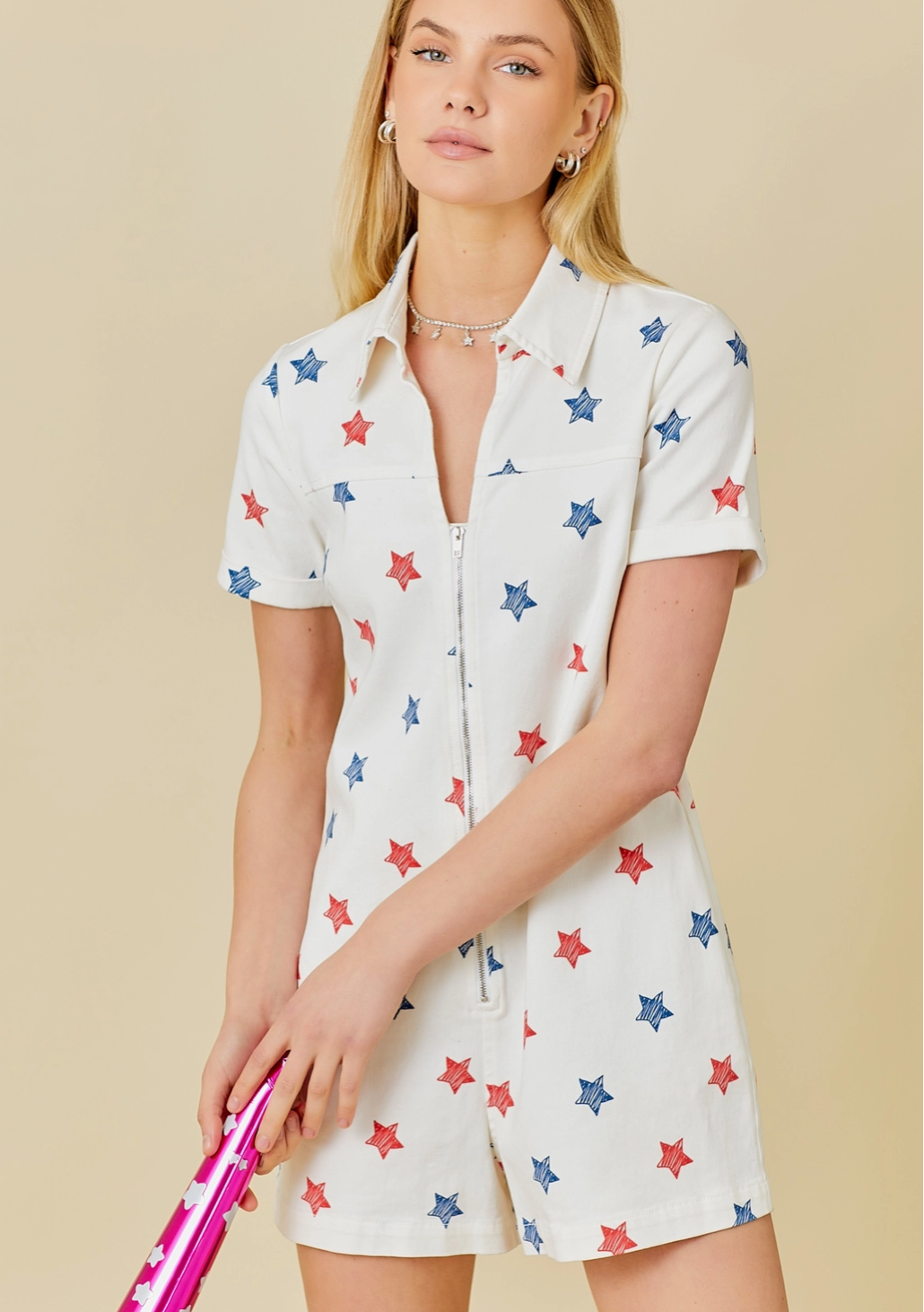 4th of July Star Print White Denim Romper