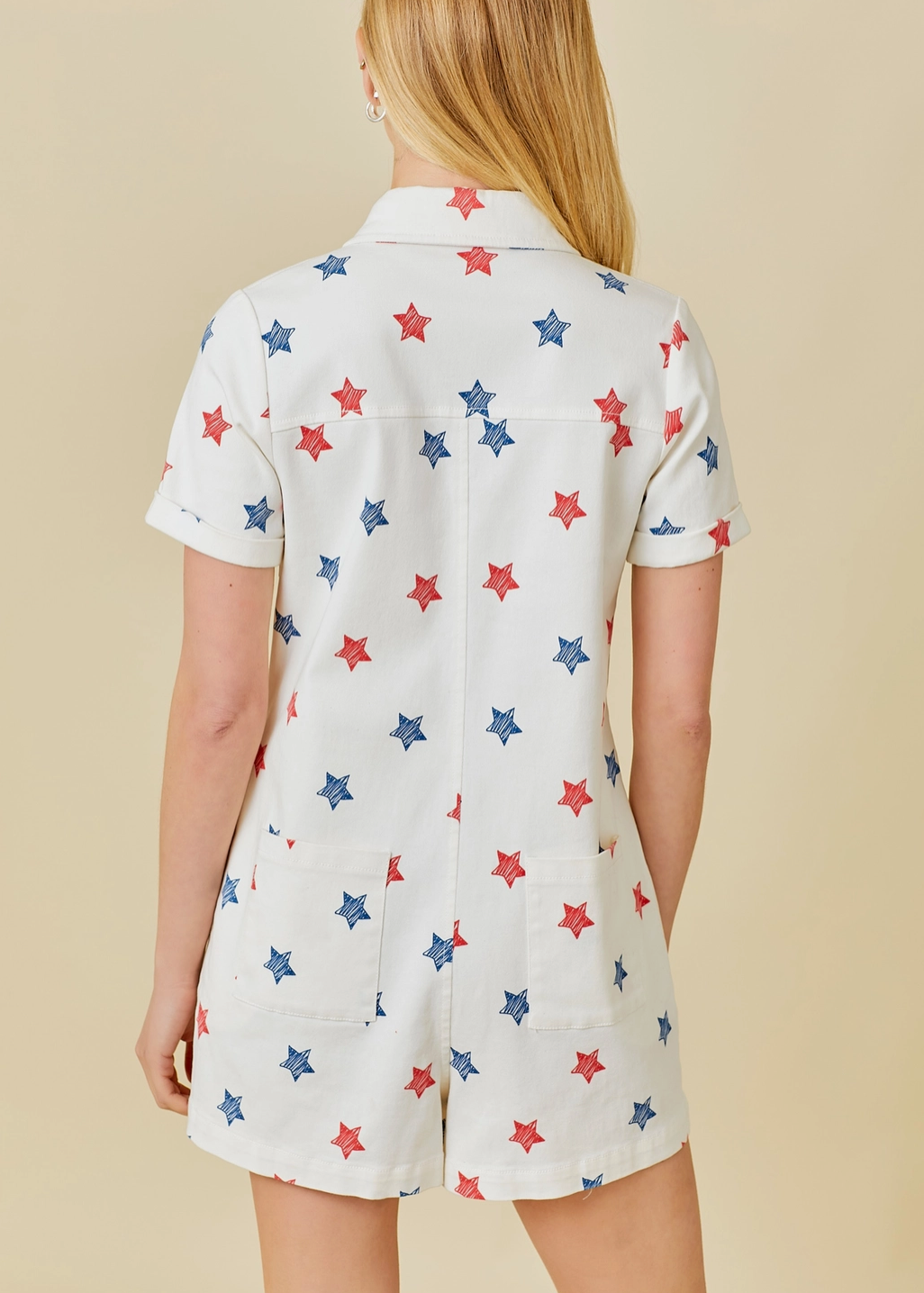 4th of July Star Print White Denim Romper