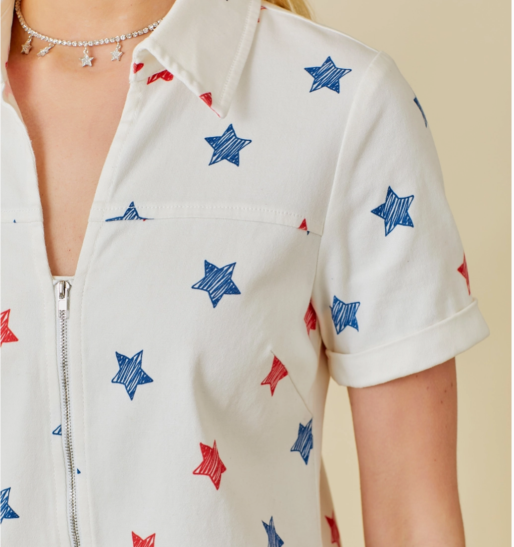 4th of July Star Print White Denim Romper
