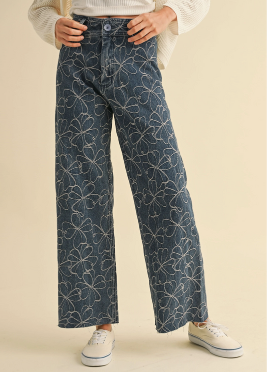 Floral Stitch Pattern Denim Pants