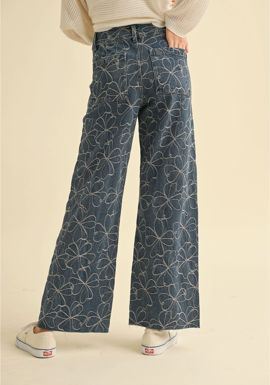 Floral Stitch Pattern Denim Pants