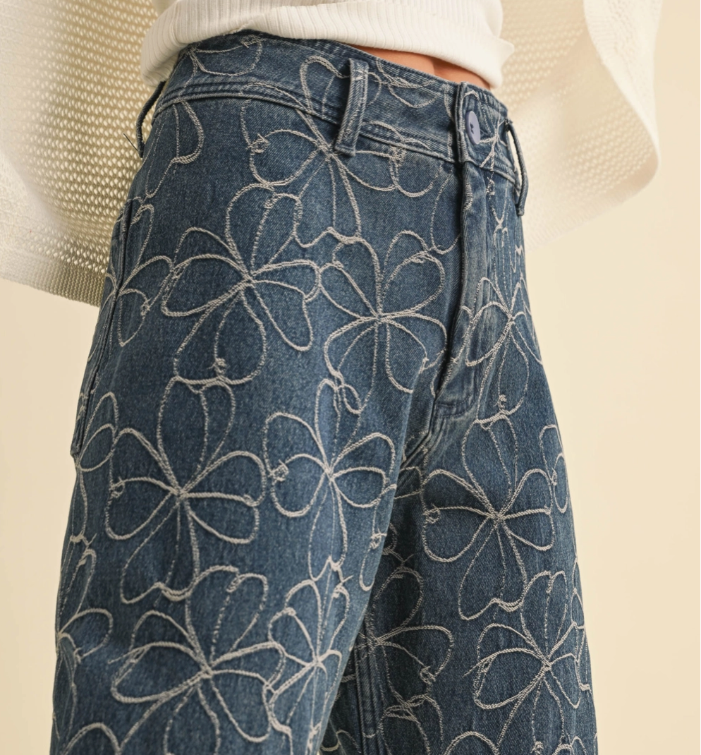 Floral Stitch Pattern Denim Pants