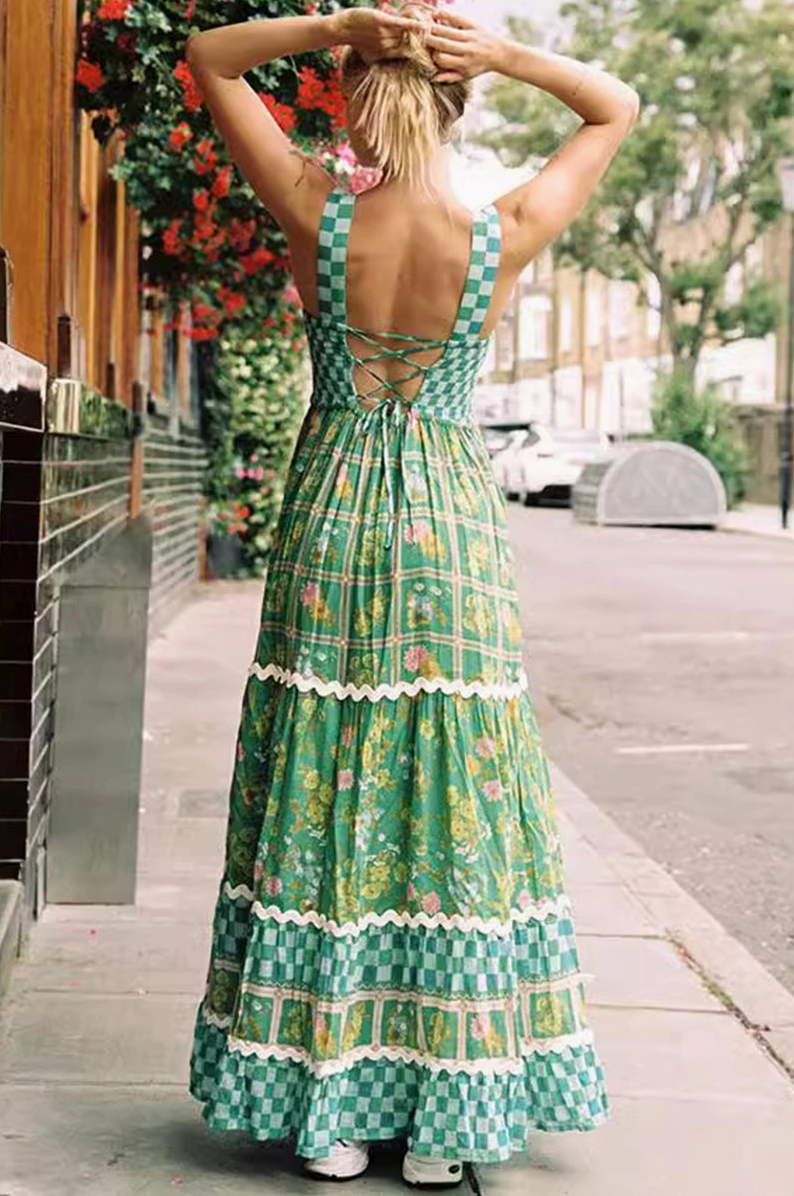 Patchwork Checkered Casual Maxi Dress