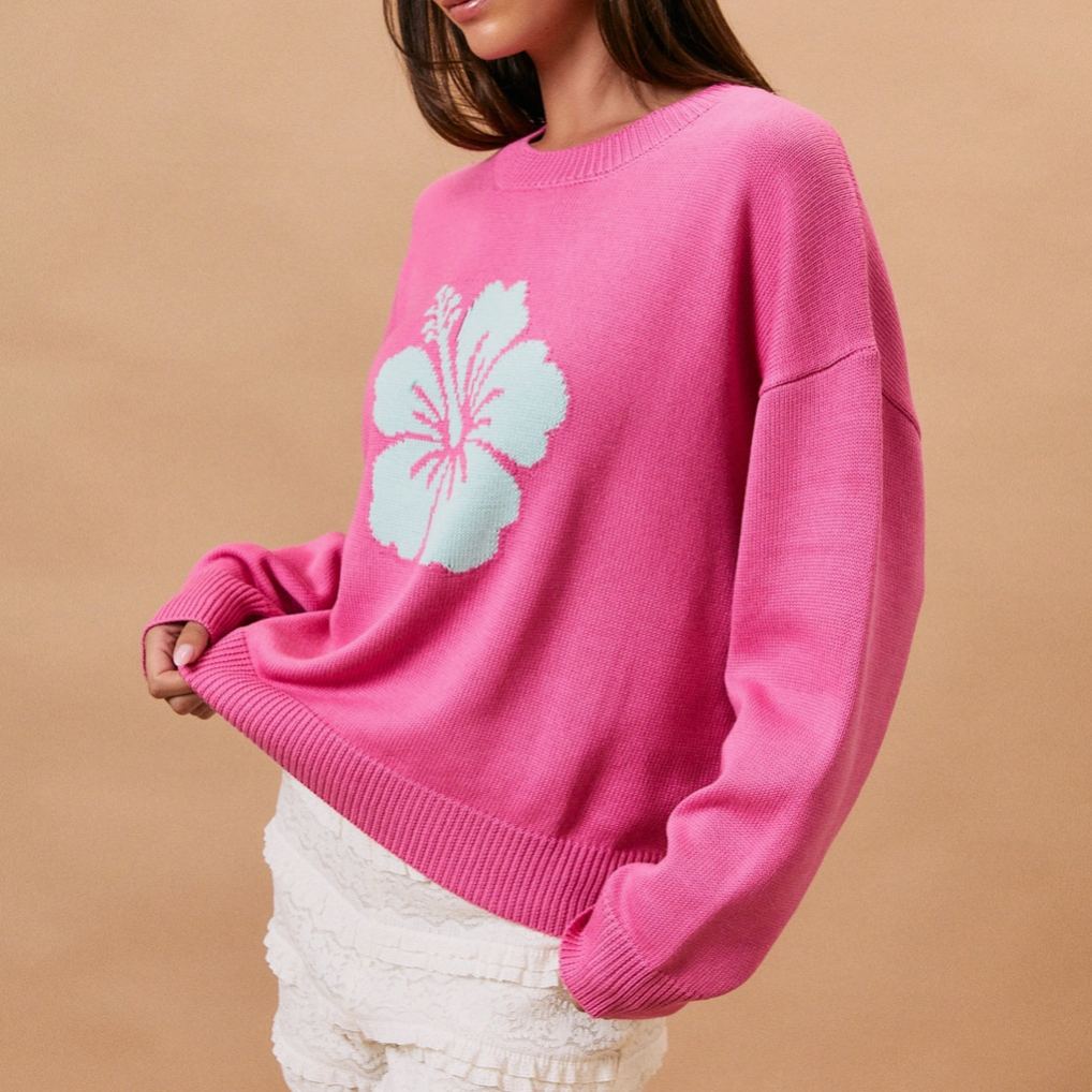 Long Sleeve Crew Neck Hibiscus Sweater