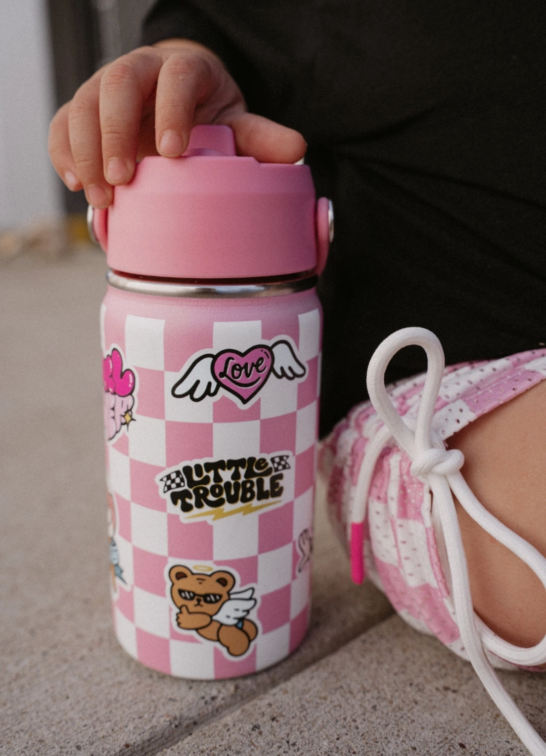 Pink Checkered Water Bottle