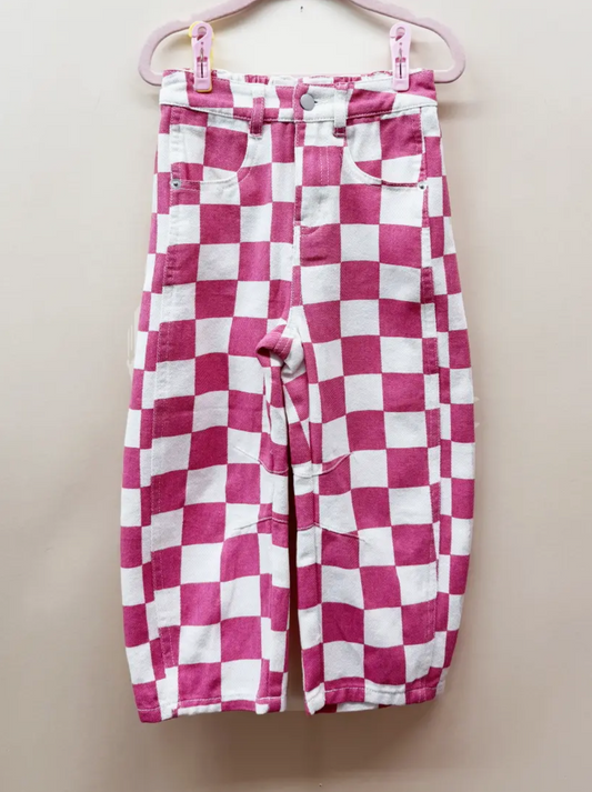 Kids Checkered Barrel Denim Pants