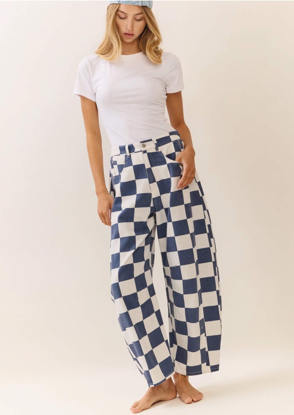 Checkered Barrel Denim Pants