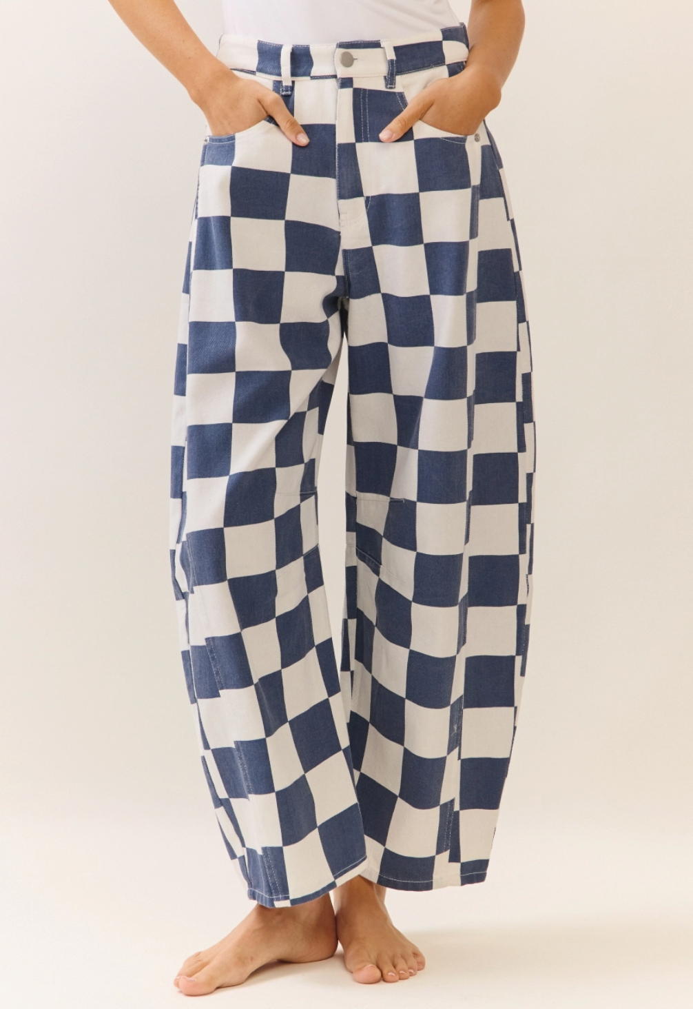 Checkered Barrel Denim Pants