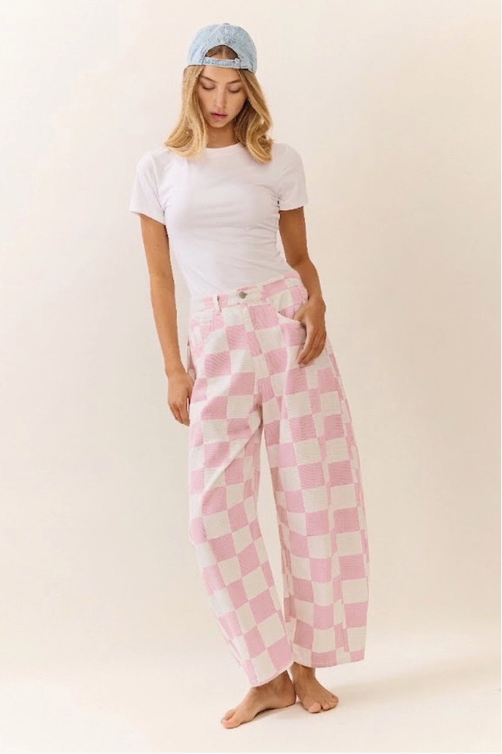 Checkered Barrel Denim Pants