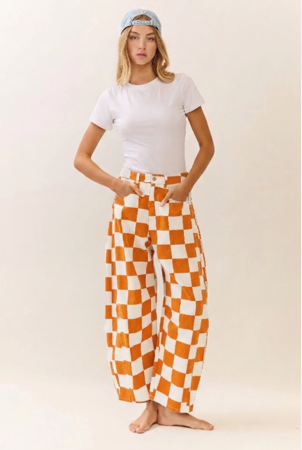 Checkered Barrel Denim Pants
