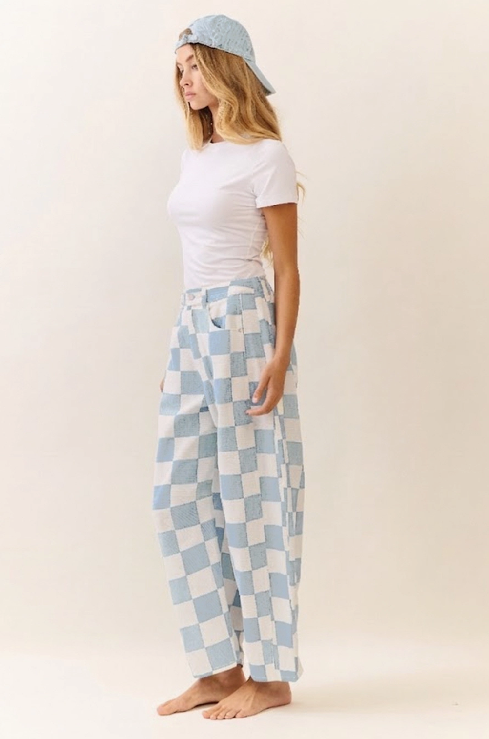 Checkered Barrel Denim Pants