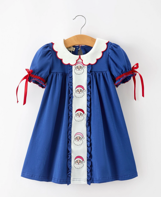 Christmas Santa Embroidery Blue Petal Collar Dress