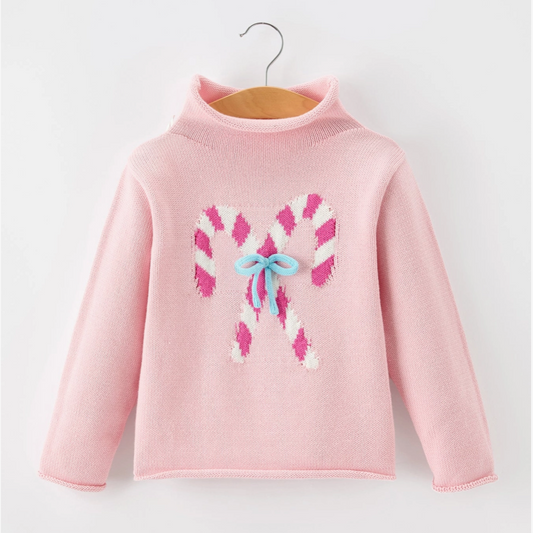 Girls Christmas Candy Cane Bow Knit Sweater