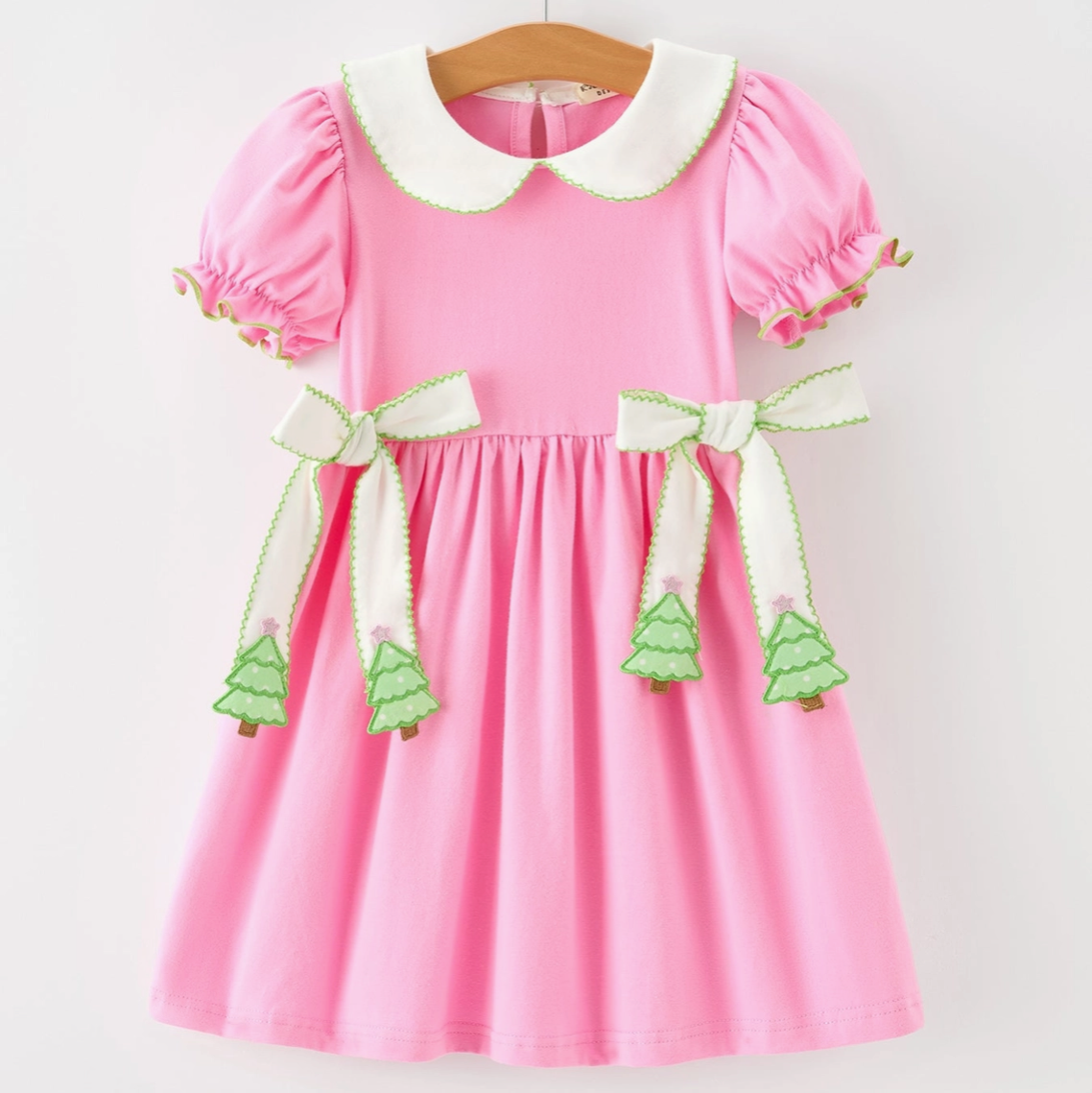 Girls Christmas Pink Bow & Christmas Tree Peter Pan Collar Dress