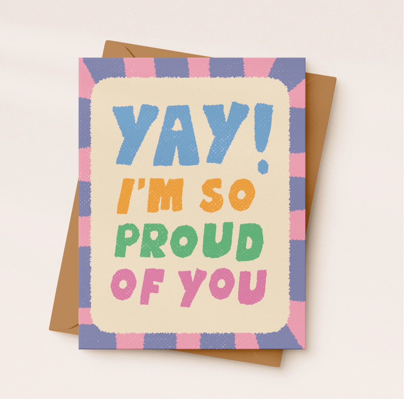Greeting card with colorful text 'YAY! I'm so proud of you' on a checkered background