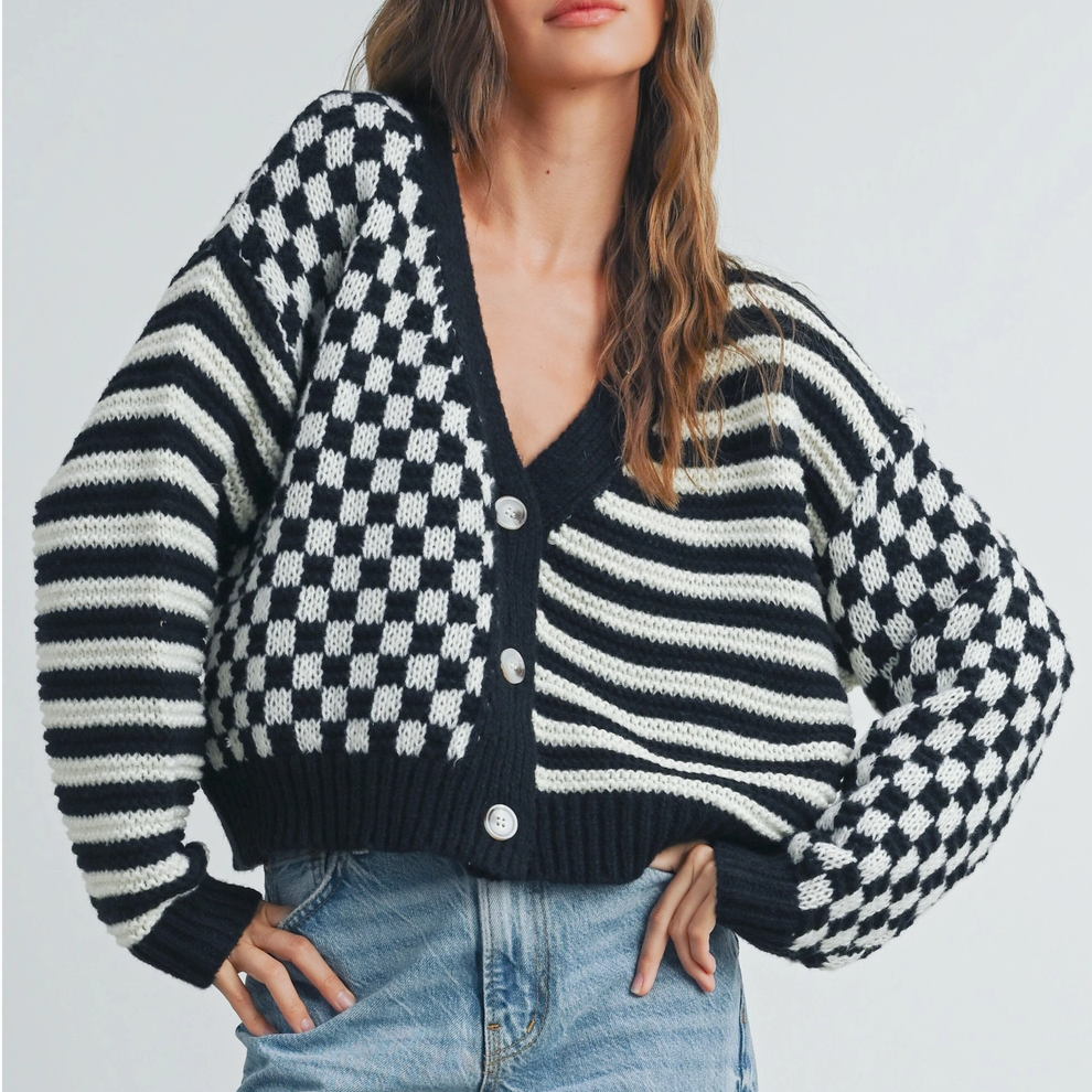 Oversized Checkered Stripe Cardigan