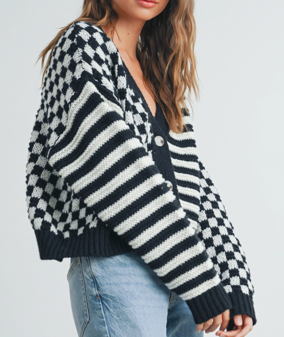 Oversized Checkered Stripe Cardigan