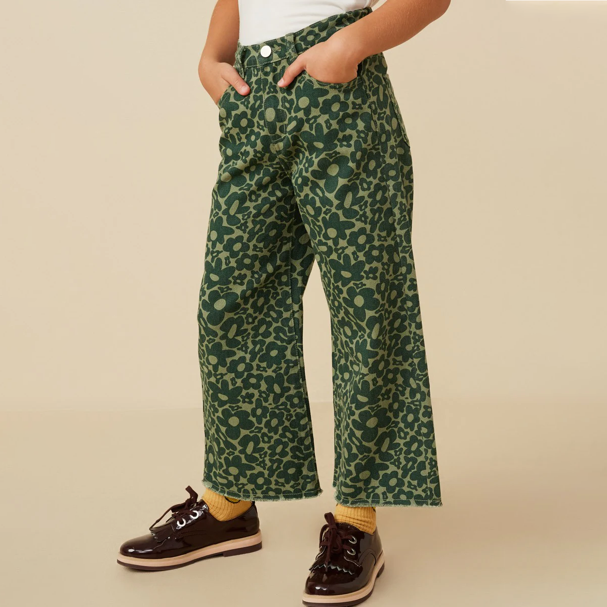 Girls Retro Floral Straight Leg Denim Pants