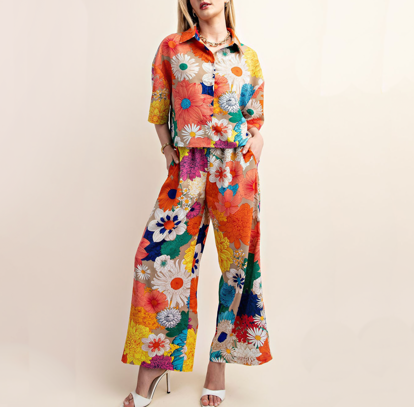 Floral Elastic Waist Pants