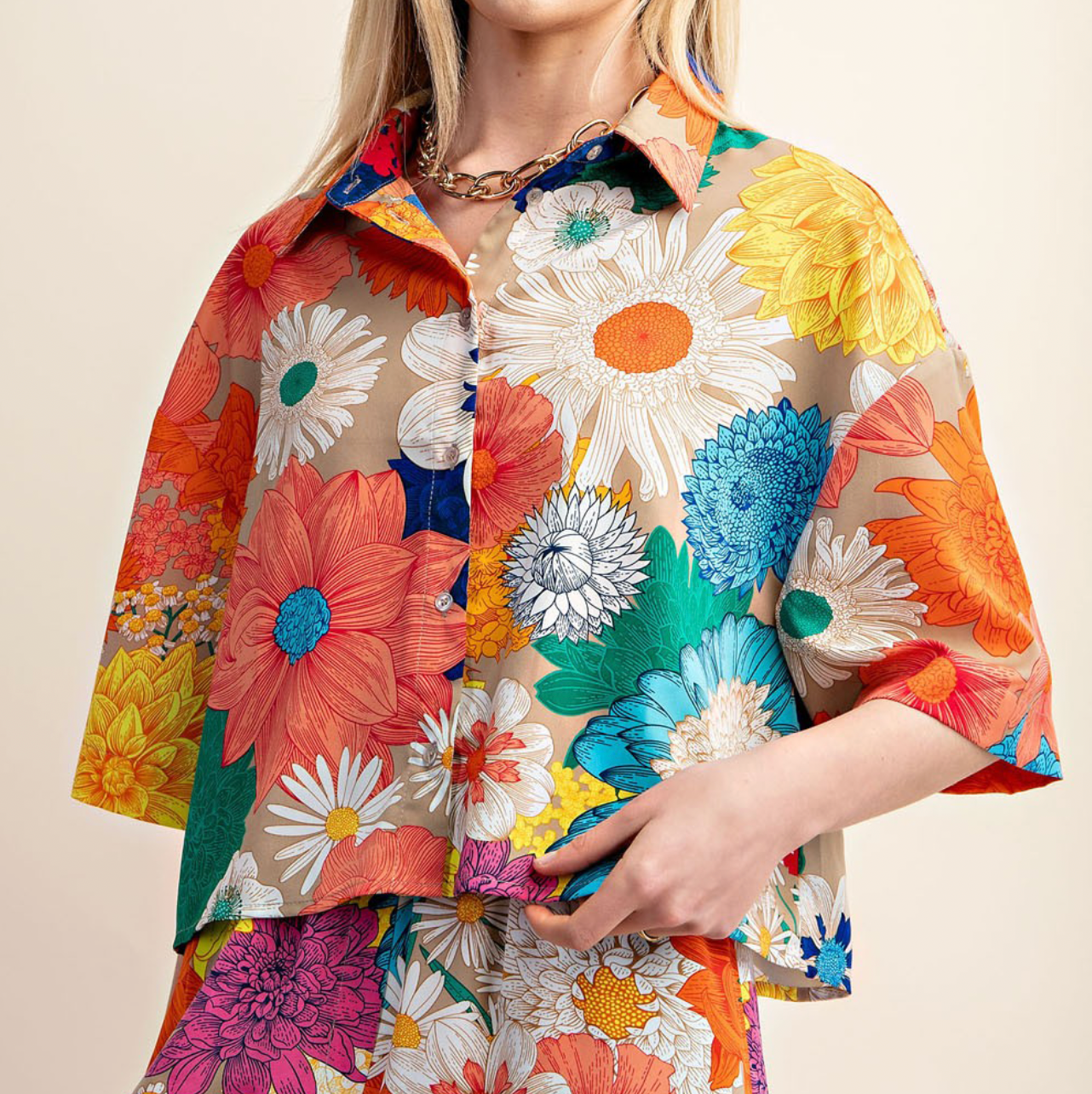 Floral Cropped Button Down Shirt