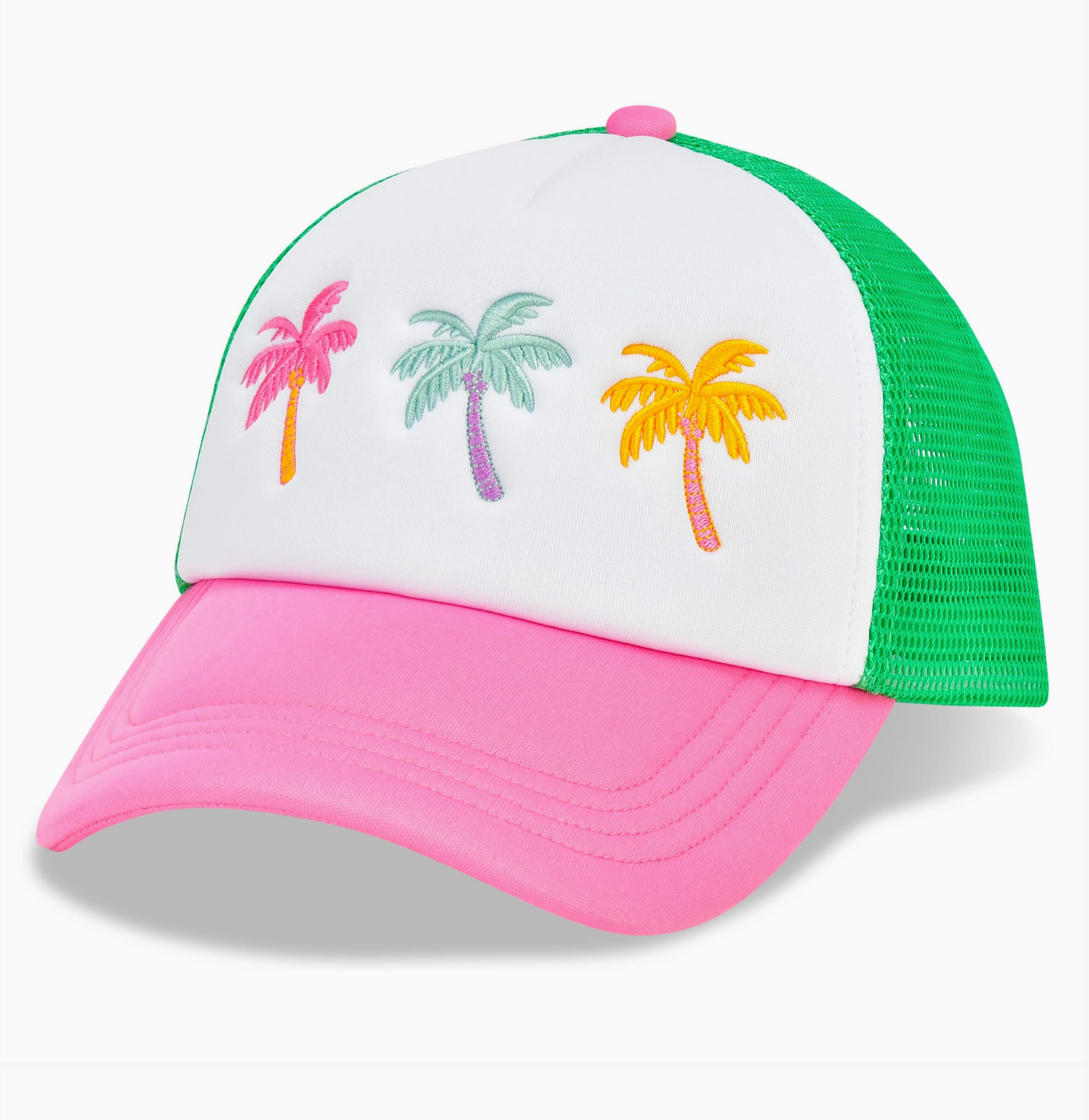 Colorful cap with palm tree designs on a white background