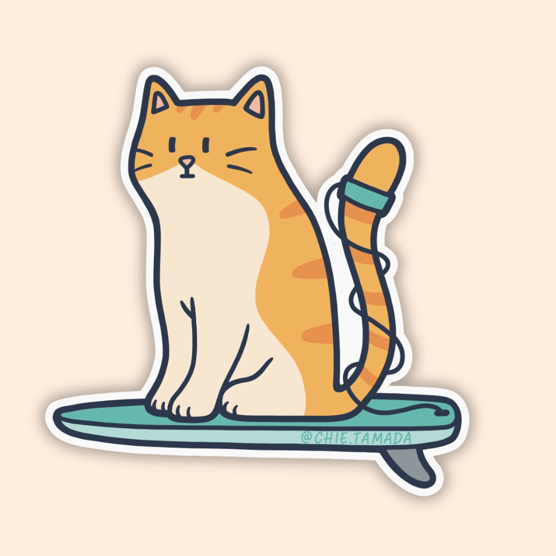 Striped Orange Surfer Cat Sticker