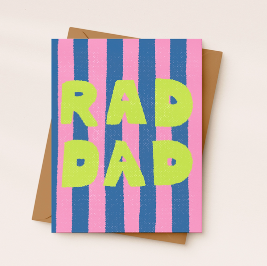 Greeting card with 'RAD DAD' text on a striped background