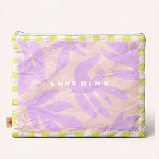 Pouch with purple leaf pattern and 'SUNSHINE' text on a white background